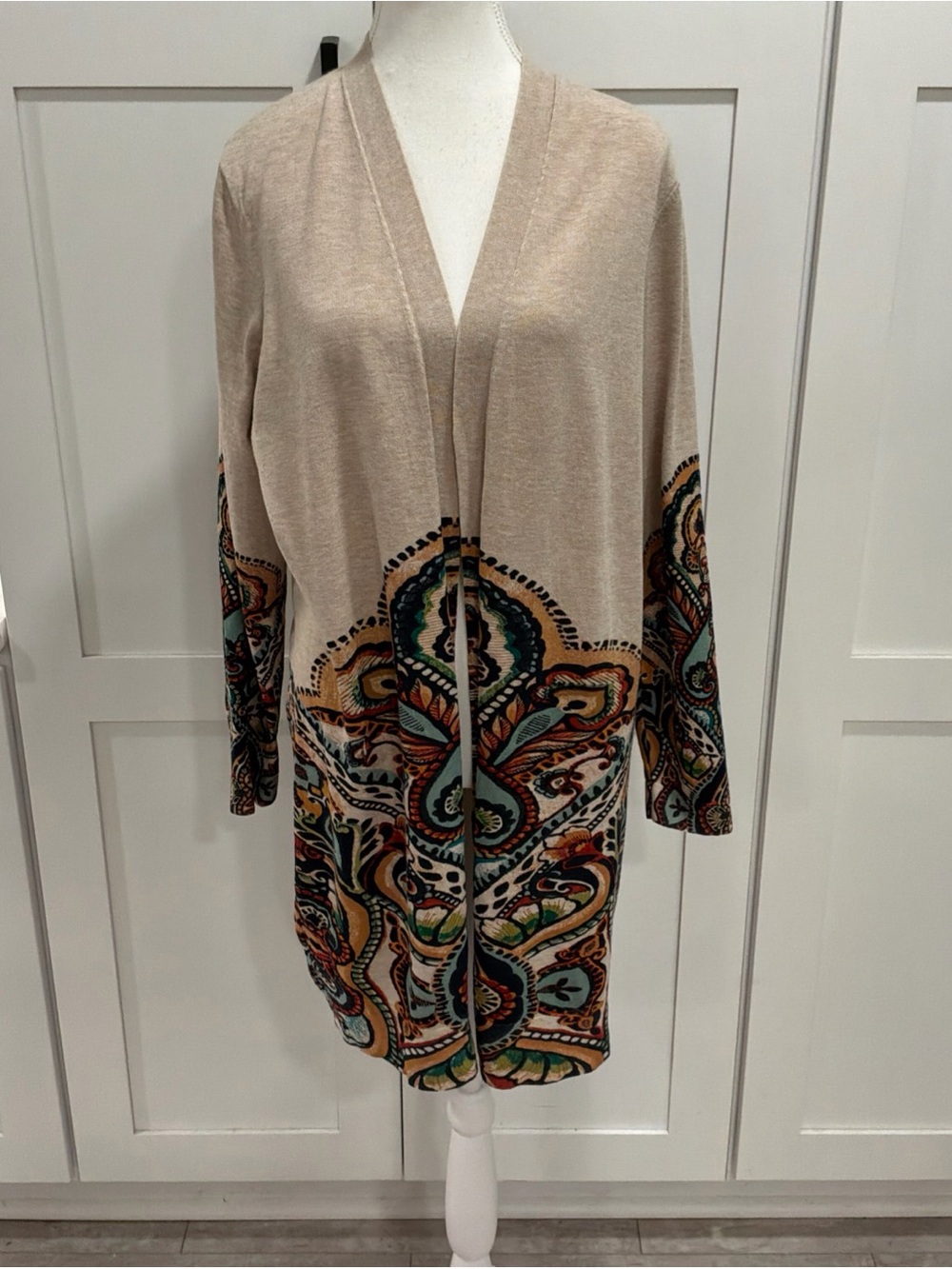 Chicos Cardigan Multicolor Open Front Paisley Print Lightweight Sz 2/L US 12/14